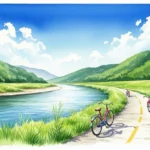 Eine idyllische Landschaft mit Radweg am Flussufer in Freising, perfekt für entspannte Fahrradtouren.