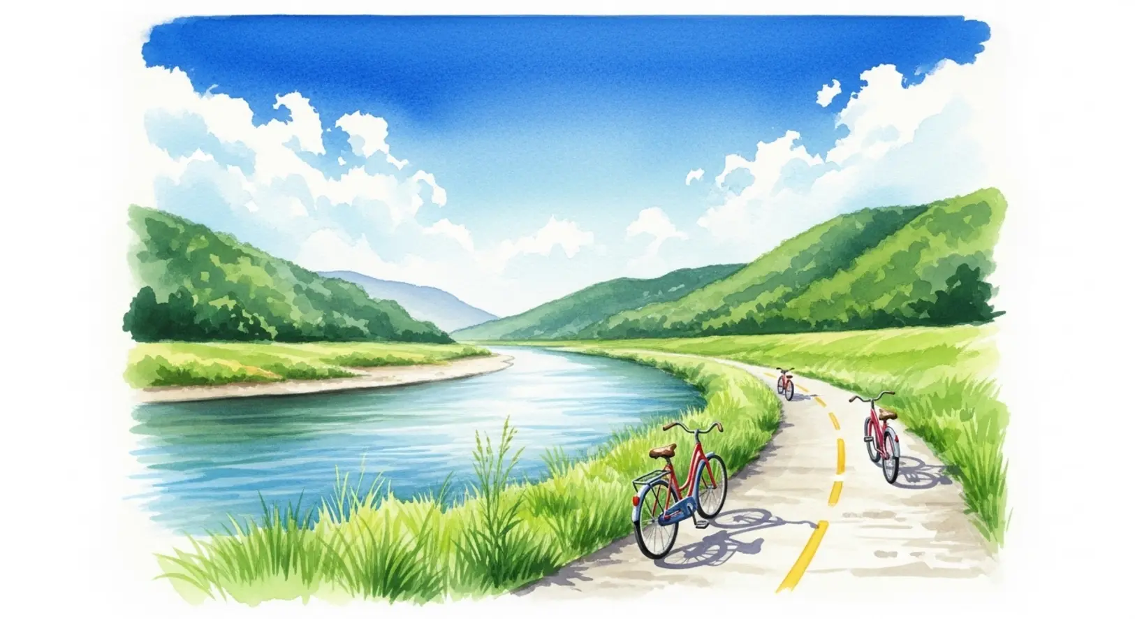 Eine idyllische Landschaft mit Radweg am Flussufer in Freising, perfekt für entspannte Fahrradtouren.