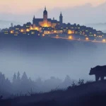 Eine mystische Darstellung der Freising Sagen Legenden in Aquarell, die eine neblige Stadtsilhouette zeigt.