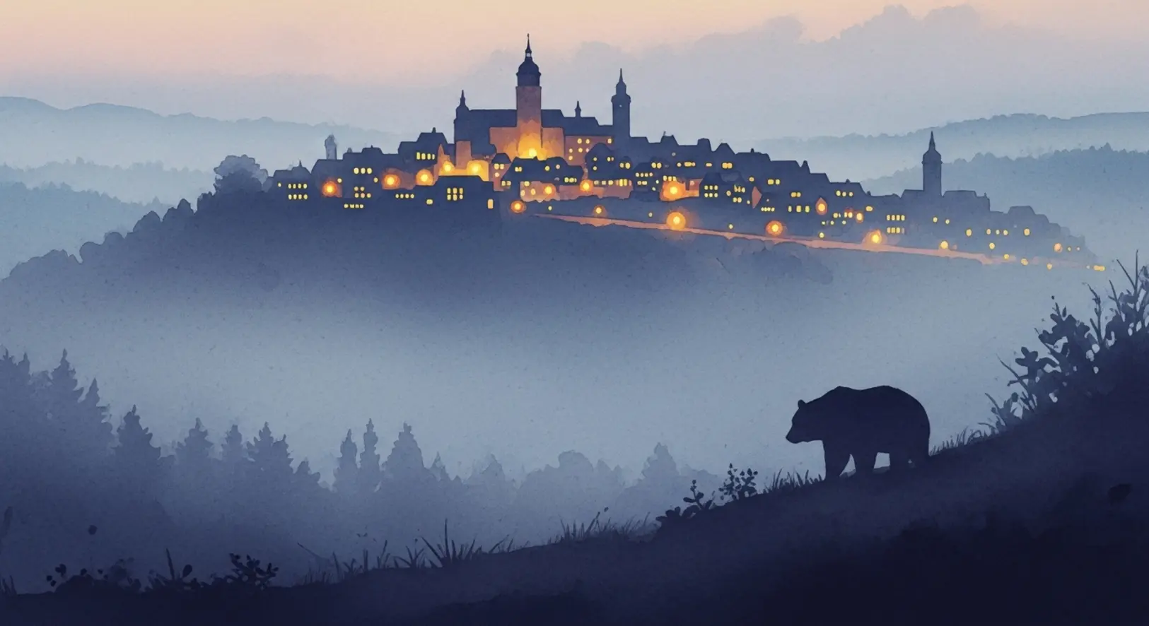 Eine mystische Darstellung der Freising Sagen Legenden in Aquarell, die eine neblige Stadtsilhouette zeigt.