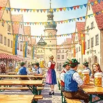 Stimmungsvolle Darstellung der Freisinger Bierfeste mit Besuchern an Biertischen in einer malerischen Gasse.
