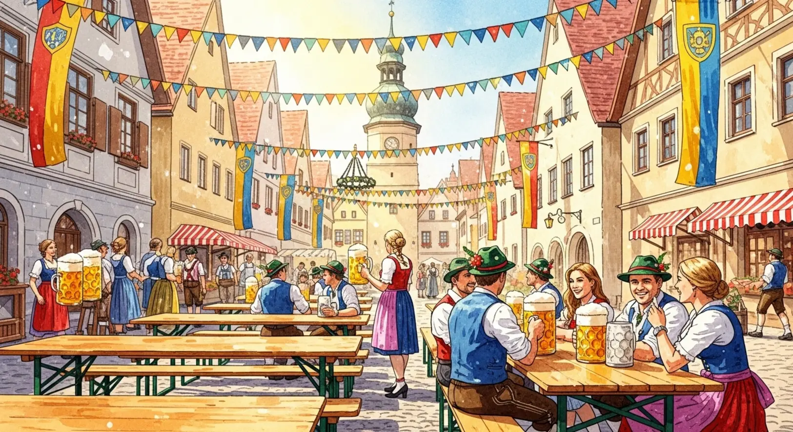 Stimmungsvolle Darstellung der Freisinger Bierfeste mit Besuchern an Biertischen in einer malerischen Gasse.
