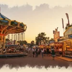 Stimmungsvolle Malerei im Wasserfarben-Stil vom Freisinger Volksfest mit leuchtenden Fahrgeschäften.