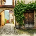 Eine verwinkelte Gasse in Aquarell-Optik, die geheime Orte in Freising symbolisiert.