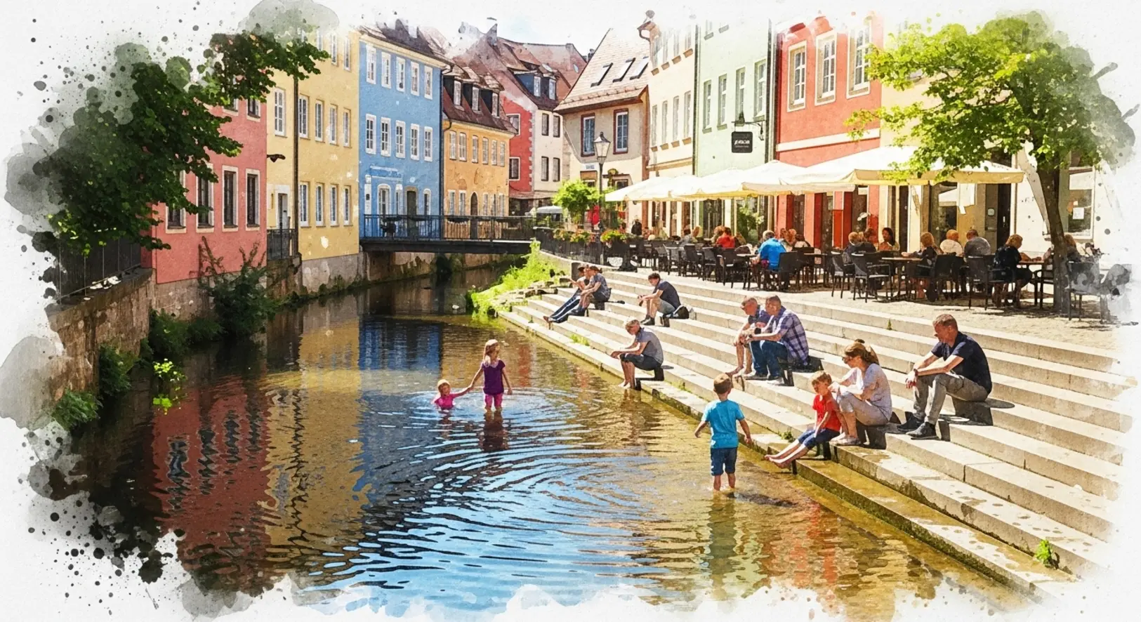 Sitzstufen an der neu geöffneten Moosach Freising, die zum Verweilen in der Altstadt einladen.