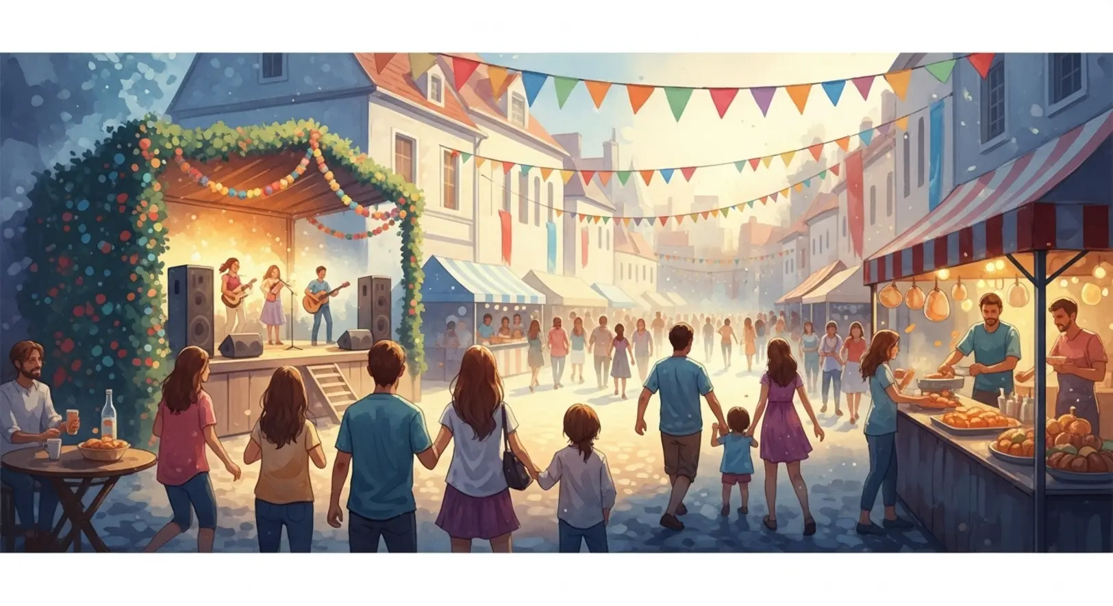 Eine bunte Szene beim Sommer Wunder Freising Festival mit Menschen, die ein Open-Air-Konzert genießen.