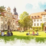 Wasserfarben-Bild eines Studentenlebens in Freising, das Studierende auf einer Campus-Wiese zeigt.