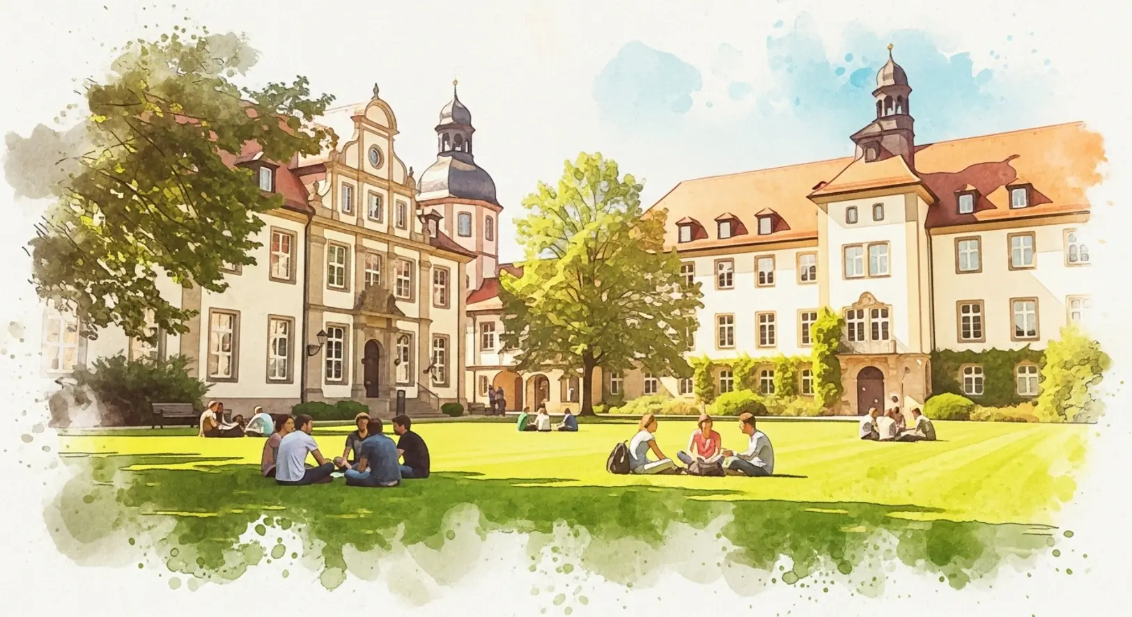 Wasserfarben-Bild eines Studentenlebens in Freising, das Studierende auf einer Campus-Wiese zeigt.