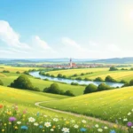 Eine malerische Landschaft in Bayern, ideal für Tagesausflüge Freising, gemalt im Aquarellstil.