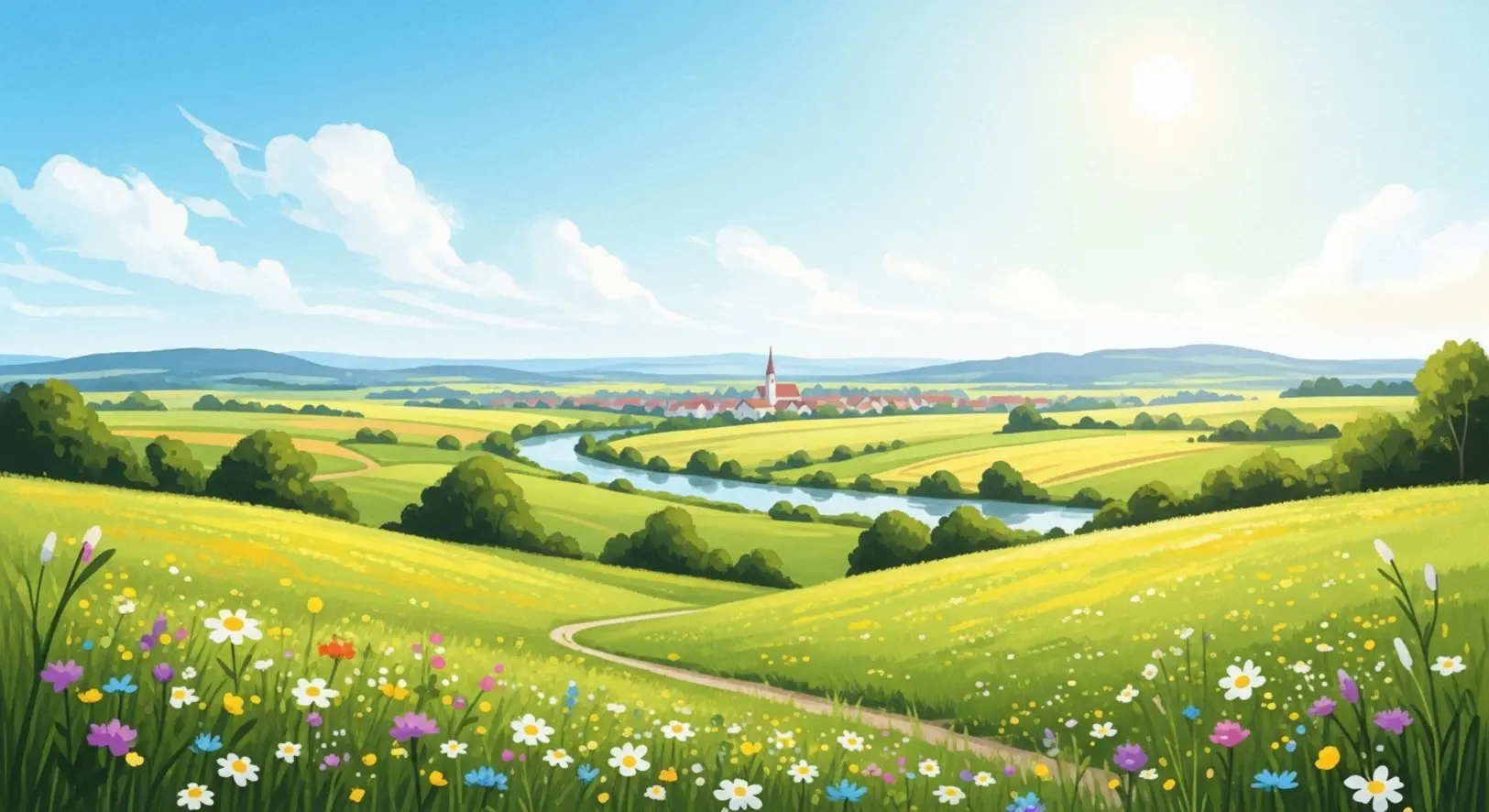 Eine malerische Landschaft in Bayern, ideal für Tagesausflüge Freising, gemalt im Aquarellstil.
