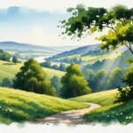 Eine malerische Landschaft mit sanften Hügeln und einem Pfad, die die vielfältigen Wanderwege in Freising repräsentiert.