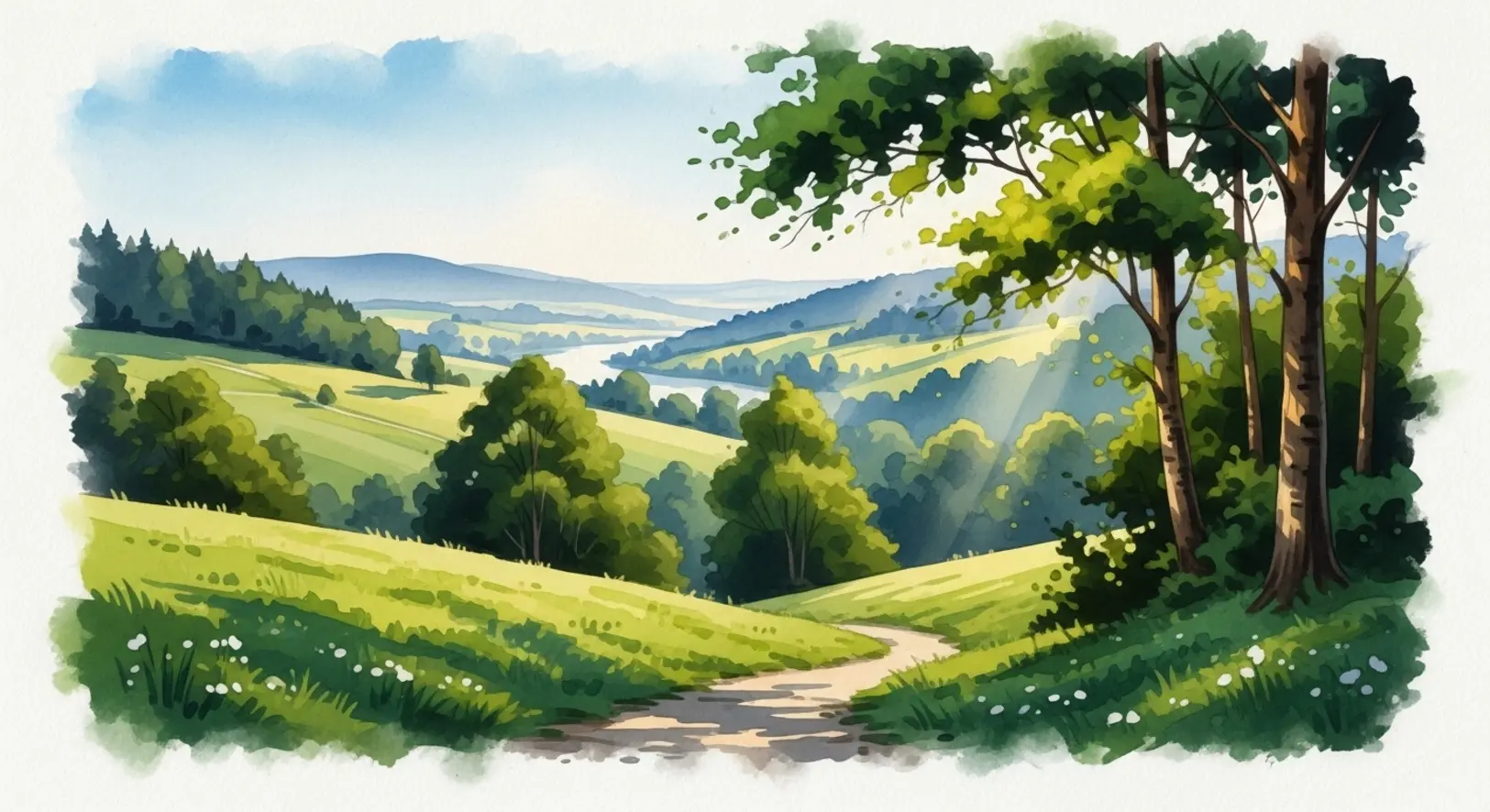 Eine malerische Landschaft mit sanften Hügeln und einem Pfad, die die vielfältigen Wanderwege in Freising repräsentiert.