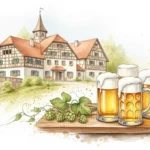 Künstlerische Darstellung einer Weihenstephan Brauerei Tour mit Biergläsern im Vordergrund.
