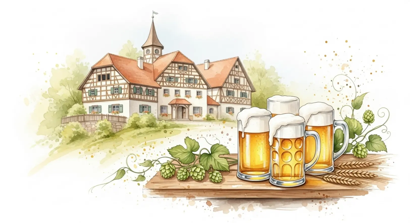 Künstlerische Darstellung einer Weihenstephan Brauerei Tour mit Biergläsern im Vordergrund.