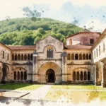 Eine künstlerische Darstellung der Weihenstephaner Geschichte, die ein historisches Klostergebäude auf einem Hügel zeigt.