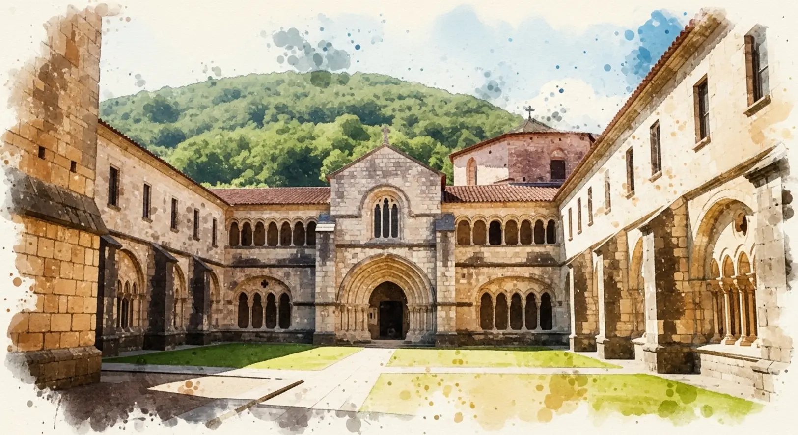 Eine künstlerische Darstellung der Weihenstephaner Geschichte, die ein historisches Klostergebäude auf einem Hügel zeigt.