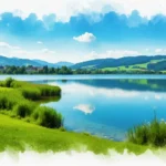 Eine idyllische Szene der Badeseen Freising in einem malerischen Aquarellstil, die zum Schwimmen und Entspannen einlädt.