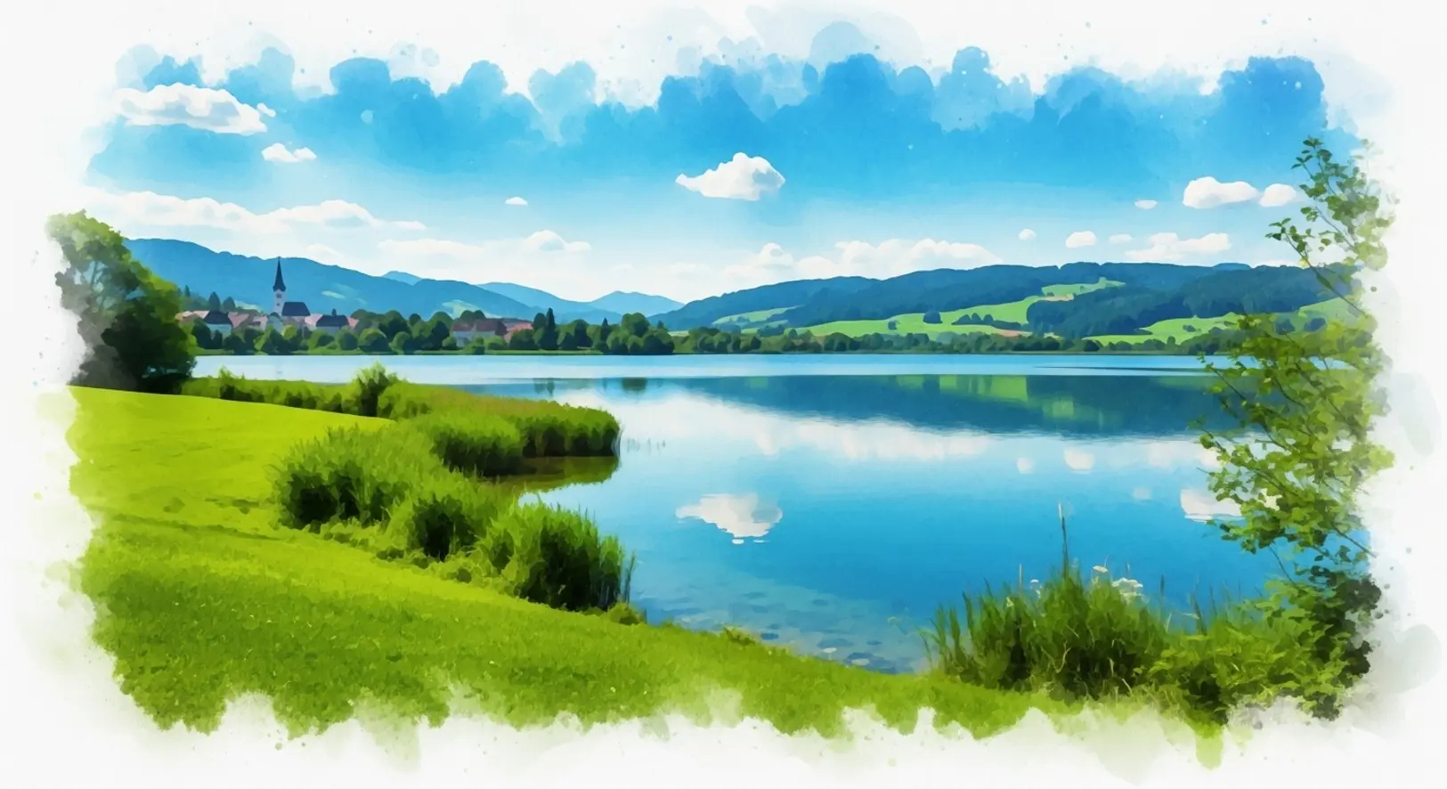 Eine idyllische Szene der Badeseen Freising in einem malerischen Aquarellstil, die zum Schwimmen und Entspannen einlädt.