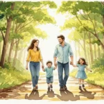 Ein gelungener Freising Familienausflug in der Natur, dargestellt in einem fröhlichen Aquarell-Stil.