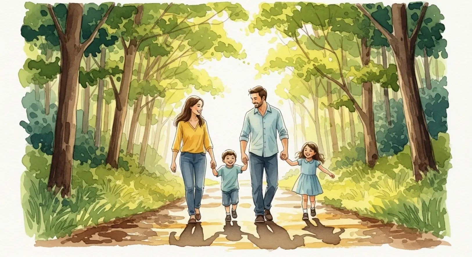 Ein gelungener Freising Familienausflug in der Natur, dargestellt in einem fröhlichen Aquarell-Stil.