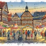 Eine farbenfrohe Wasserfarben-Illustration vom Freisinger Altstadtfest mit feiernden Menschen in der Altstadt.