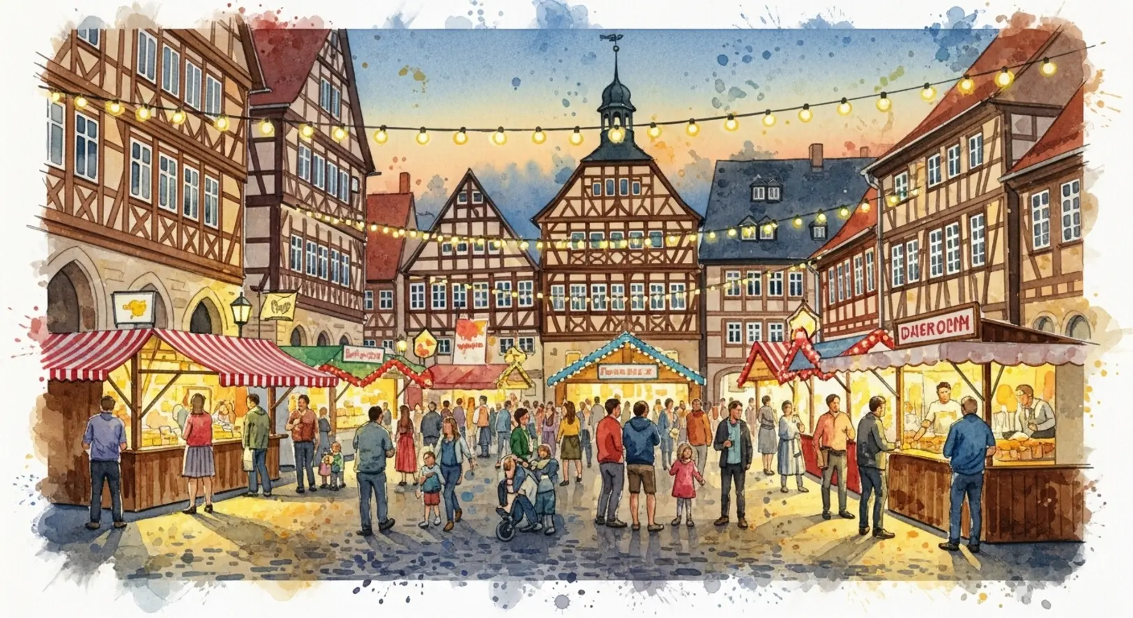 Eine farbenfrohe Wasserfarben-Illustration vom Freisinger Altstadtfest mit feiernden Menschen in der Altstadt.