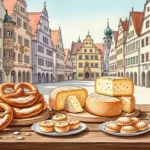 Kulinarische Stadtführung Freising: Köstliche lokale Spezialitäten auf einem Holztisch im Zentrum der Altstadt.