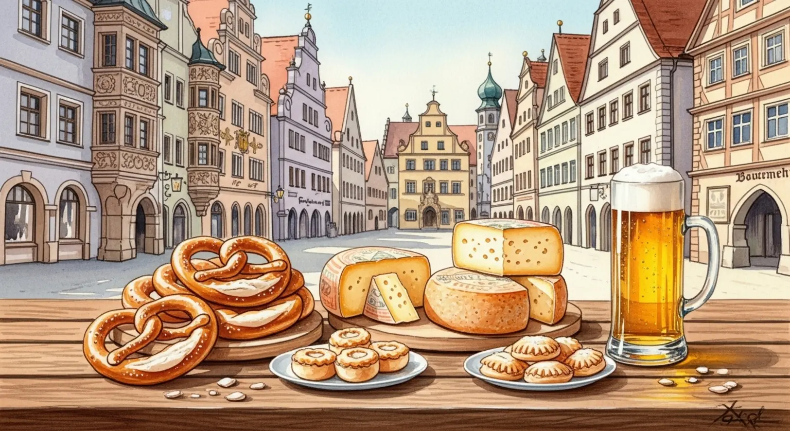 Kulinarische Stadtführung Freising: Köstliche lokale Spezialitäten auf einem Holztisch im Zentrum der Altstadt.