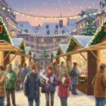 Eine stimmungsvolle Illustration, die die Weihnachtsmarkt Freising Tradition mit leuchtenden Buden und Besuchern zeigt.