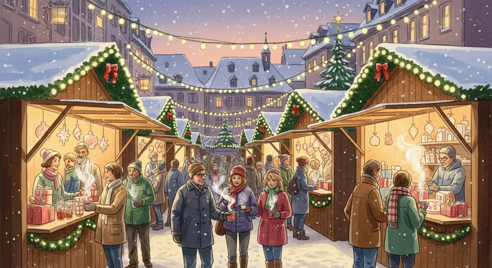 Eine stimmungsvolle Illustration, die die Weihnachtsmarkt Freising Tradition mit leuchtenden Buden und Besuchern zeigt.