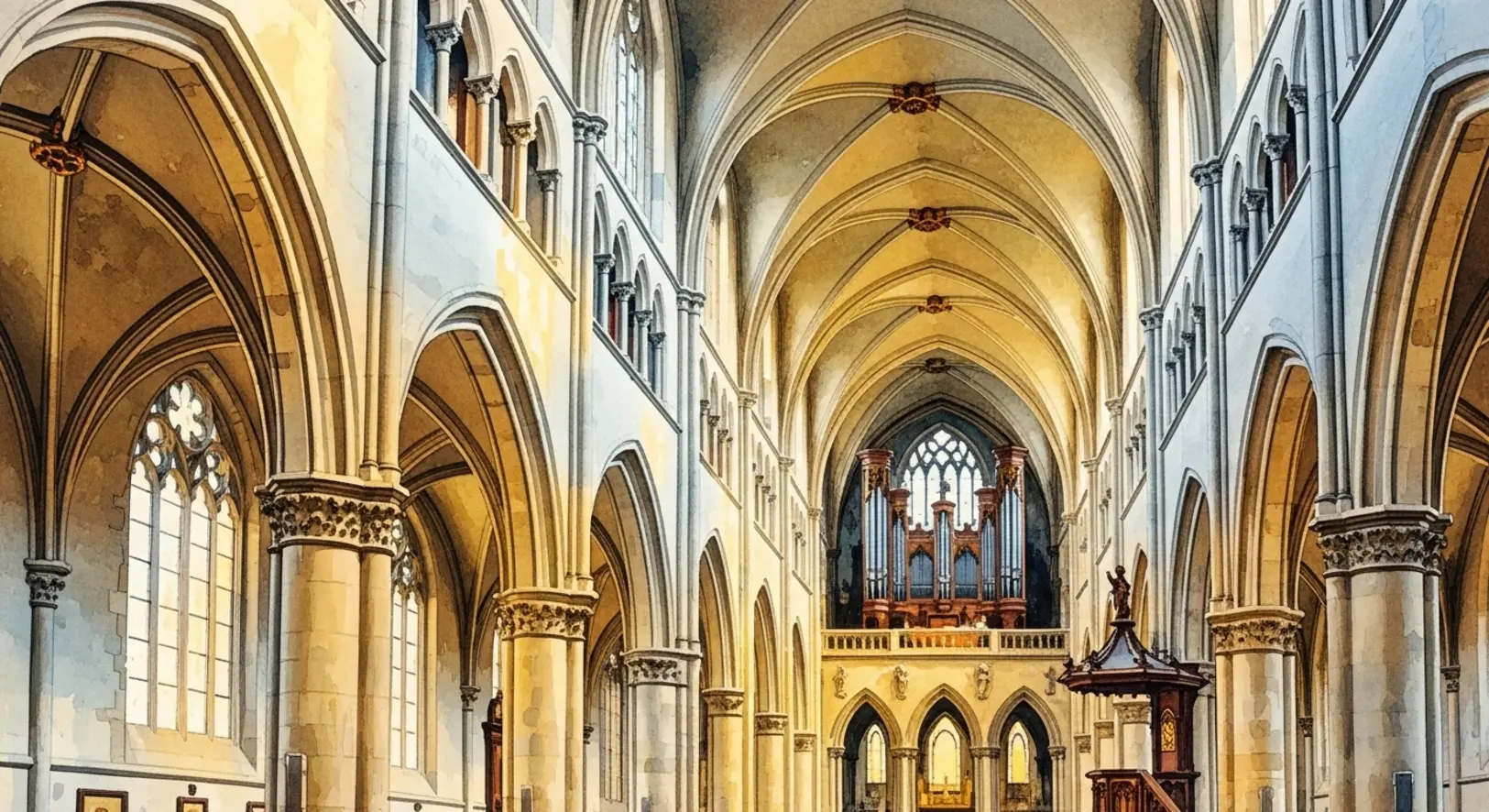 Stimmungsvolle Darstellung der Dom Konzerte Freising im Inneren einer Kathedrale mit Orgel.