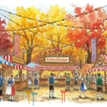 Stimmungsvolle Aquarell-Illustration, die typische Herbstfeste Freising mit bunten Lichtern und Ständen darstellt.