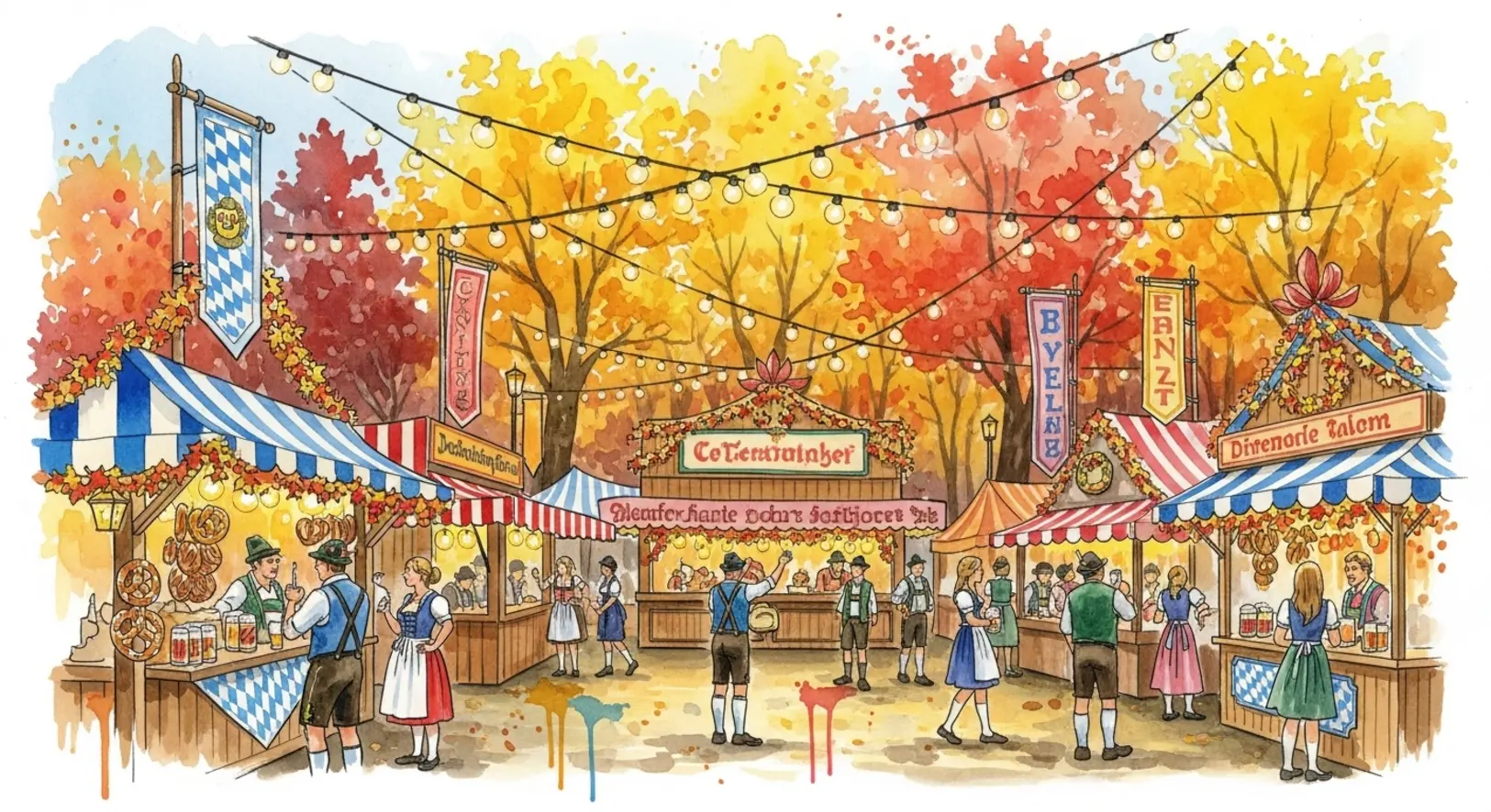 Stimmungsvolle Aquarell-Illustration, die typische Herbstfeste Freising mit bunten Lichtern und Ständen darstellt.