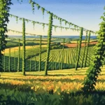 Eine malerische Landschaft mit Hopfengärten, die die Hopfenente Freising symbolisiert.