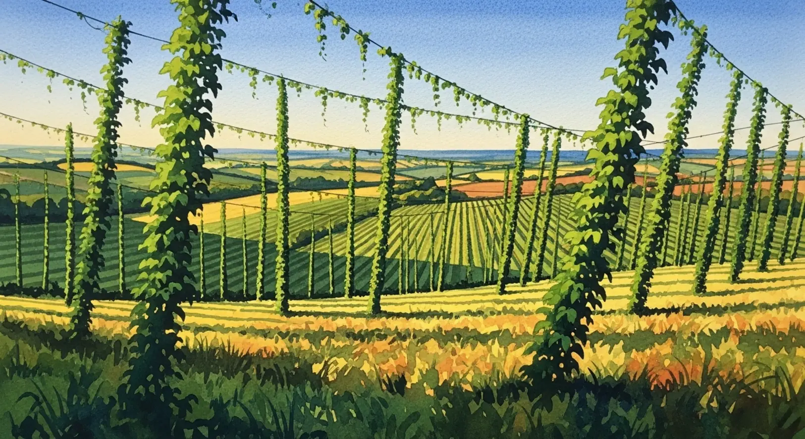 Eine malerische Landschaft mit Hopfengärten, die die Hopfenente Freising symbolisiert.