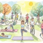 Eine Gruppe von Menschen macht gemeinsam Sport im Park Freising unter freiem Himmel.