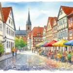 Stimmungsvolle Altstadt-Szene für einen Tagesausflug Freising München, gemalt im Aquarell-Stil.