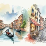 Eine malerische Collage zeigt die besten Reiseziele in Europa, gemalt im Aquarell-Stil.