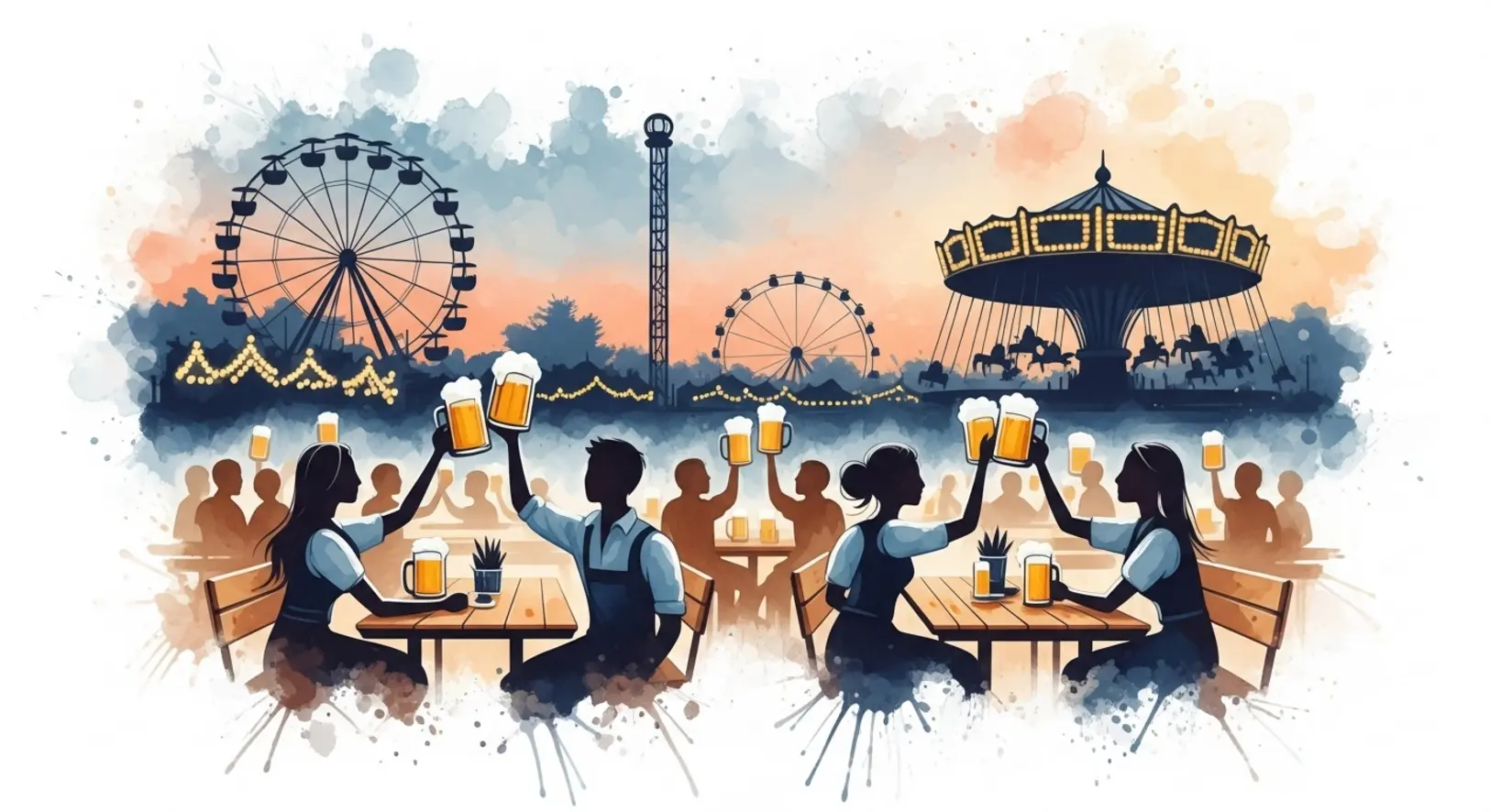 Eine bunte Szene mit Fahrgeschäften und Festzelt, die die Freisinger Volksfest Highlights illustriert.