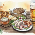 Ein rustikaler Holztisch mit Spezialitäten der regionale Küche Freising, darunter Obatzda und Bier.