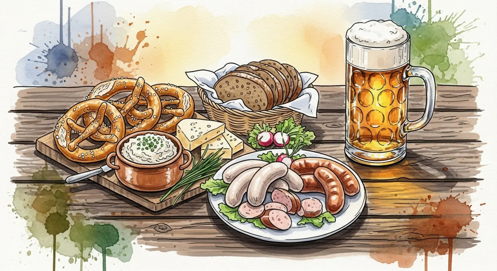 Ein rustikaler Holztisch mit Spezialitäten der regionale Küche Freising, darunter Obatzda und Bier.