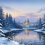 Ein stimmungsvolles Winterbild, das den Winterzauber Freising mit verschneiten Bäumen illustriert.