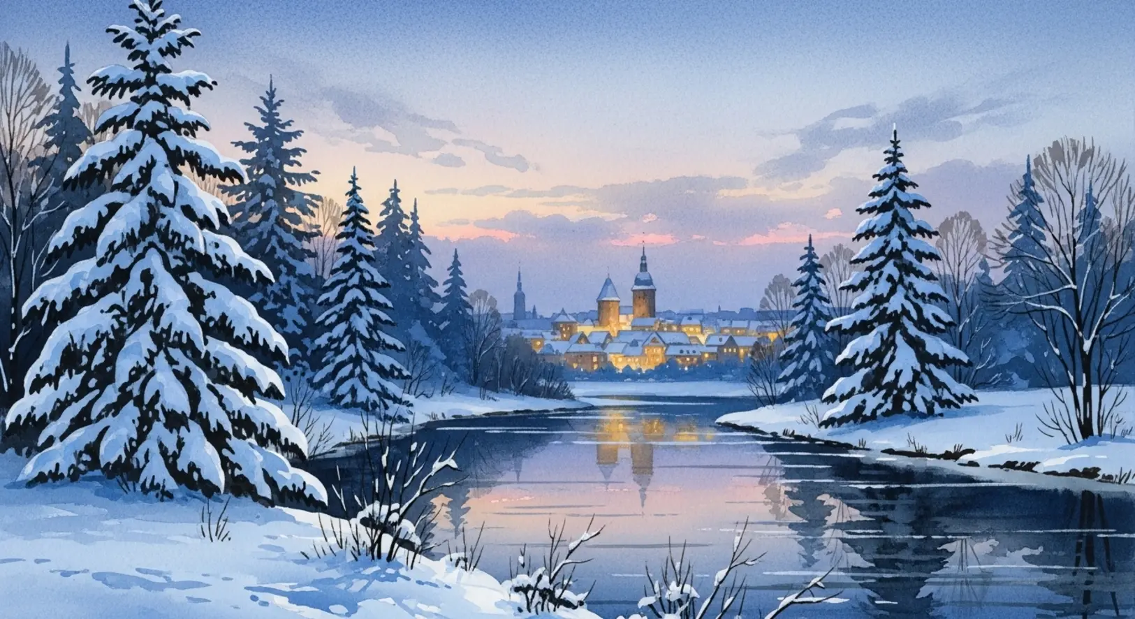 Ein stimmungsvolles Winterbild, das den Winterzauber Freising mit verschneiten Bäumen illustriert.