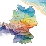 Beste Reiseziele Deutschland: Tipps ab Freising Eine stilisierte Landkarte zeigt die beste Reiseziele Deutschland von den Bergen bis zum Meer.