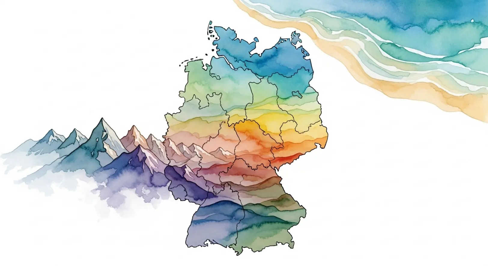 Eine stilisierte Landkarte zeigt die beste Reiseziele Deutschland von den Bergen bis zum Meer.