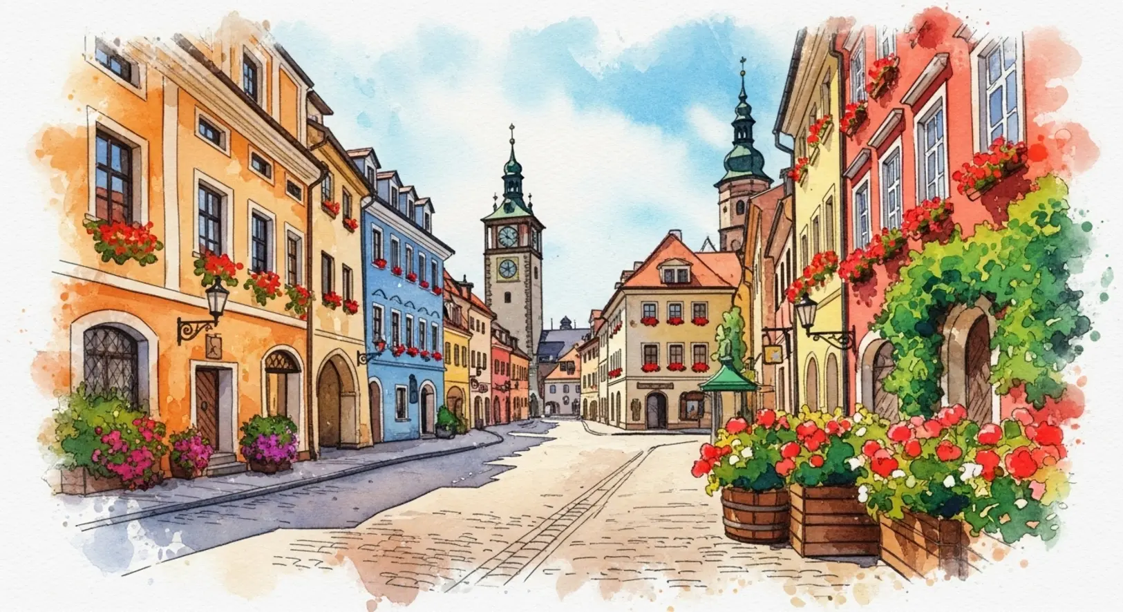 Eine bunte Aquarell-Malerei zeigt die beste Reiseziele Europa mit einer charmanten, historischen Gasse.