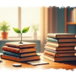 Farbiger Spross wächst aus Büchern, Symbol für SEO-Grundlagen und Lernprozess.