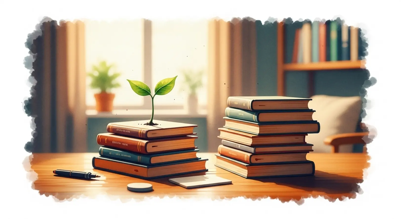 Farbiger Spross wächst aus Büchern, Symbol für SEO-Grundlagen und Lernprozess.