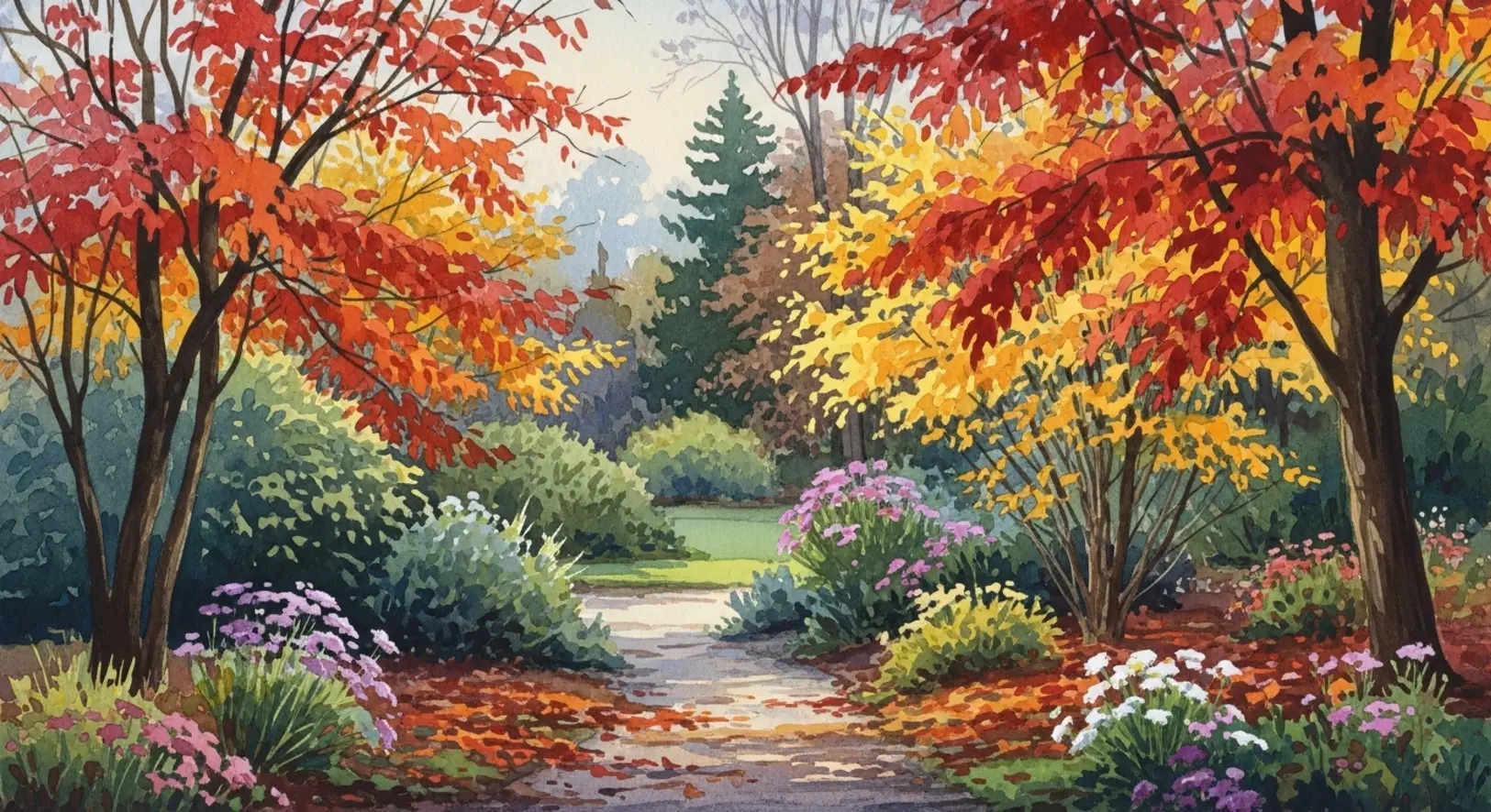 Herbstliche Farbenpracht in den Weihenstephaner Gärten mit bunten Bäumen und Blumen.