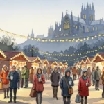 Festliche Stimmung beim Advent Domberg Freising, dargestellt in einem Aquarell-Gemälde eines Weihnachtsmarktes.